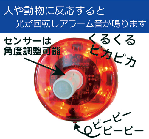 人や動物に反応すると光と音で警告します