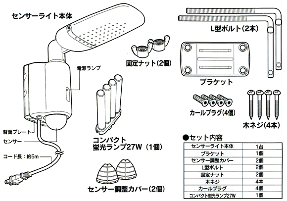 センサーライト 蛍光灯27W 1灯式 OHM SR-27の各部の名称