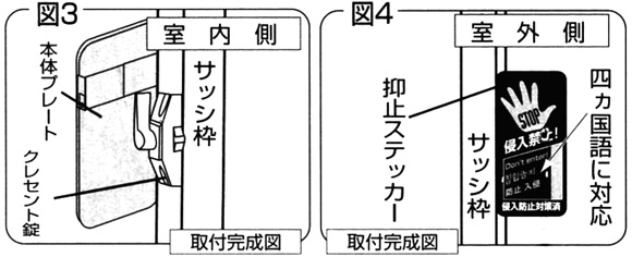 室内にクレセントガードロックを、室外には防犯ステッカーを貼って完成