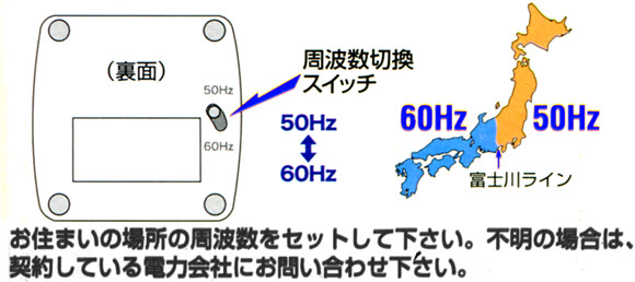 PT7本体の裏側の切替スイッチで、お住まいの場所の周波数をセットしてください