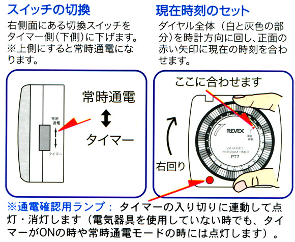 プログラムタイマーEX PT7のスイッチの切替と現在時刻のセット方法