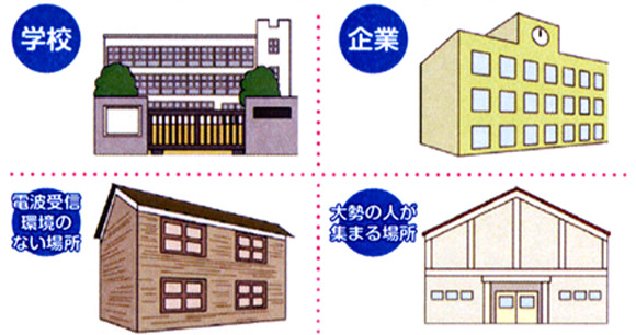 学校、企業、電波受信環境のない場所、大勢の人が集まる場所