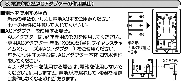 ACアダプタを利用する場合は、必ず電池を抜いてください。